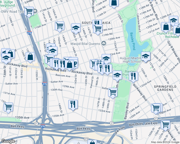 map of restaurants, bars, coffee shops, grocery stores, and more near 123-49 Inwood Street in Queens