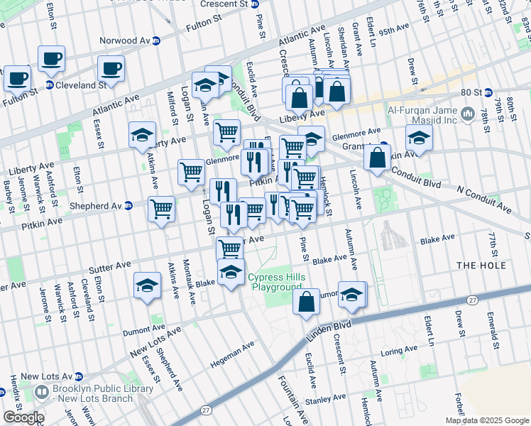 map of restaurants, bars, coffee shops, grocery stores, and more near 996 Belmont Avenue in Brooklyn