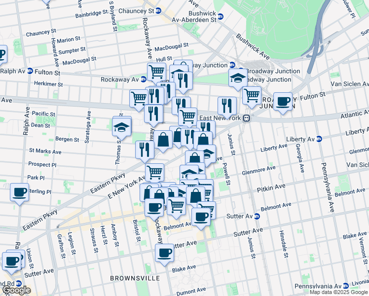 map of restaurants, bars, coffee shops, grocery stores, and more near 219 Mother Gaston Boulevard in Brooklyn