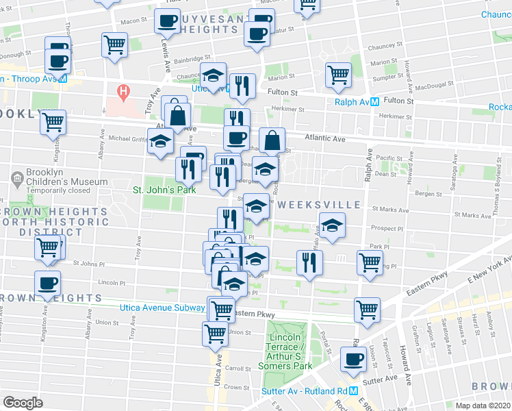map of restaurants, bars, coffee shops, grocery stores, and more near 1228 Saint Marks Avenue in Brooklyn