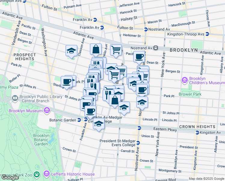 map of restaurants, bars, coffee shops, grocery stores, and more near 701 Park Place in Brooklyn