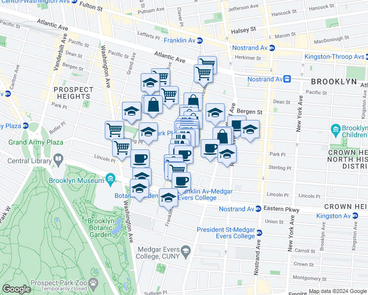 map of restaurants, bars, coffee shops, grocery stores, and more near 626 Park Place in Brooklyn