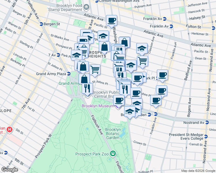 map of restaurants, bars, coffee shops, grocery stores, and more near 388 Saint Johns Place in Brooklyn