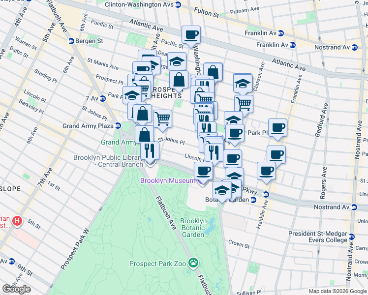 map of restaurants, bars, coffee shops, grocery stores, and more near 388 Saint Johns Place in Brooklyn