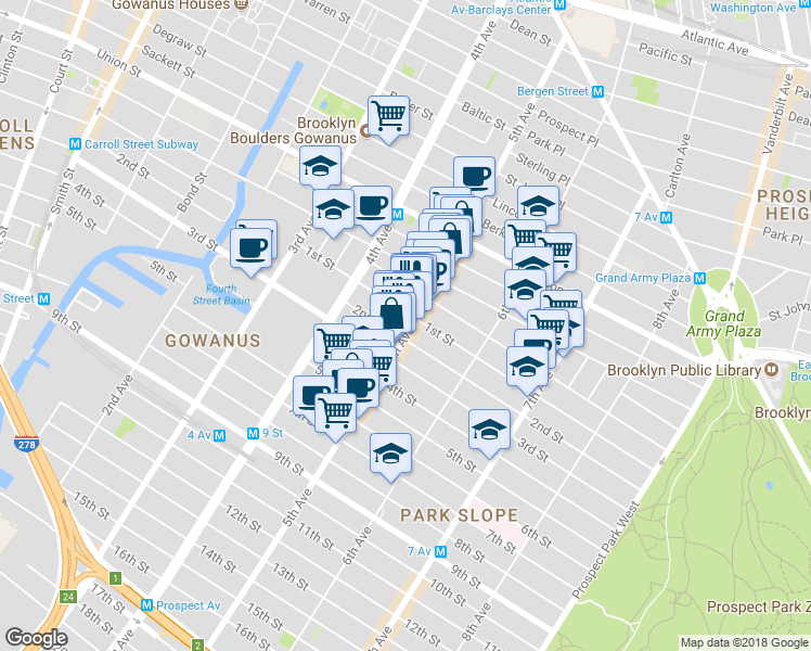 map of restaurants, bars, coffee shops, grocery stores, and more near 296 1st Street in Brooklyn
