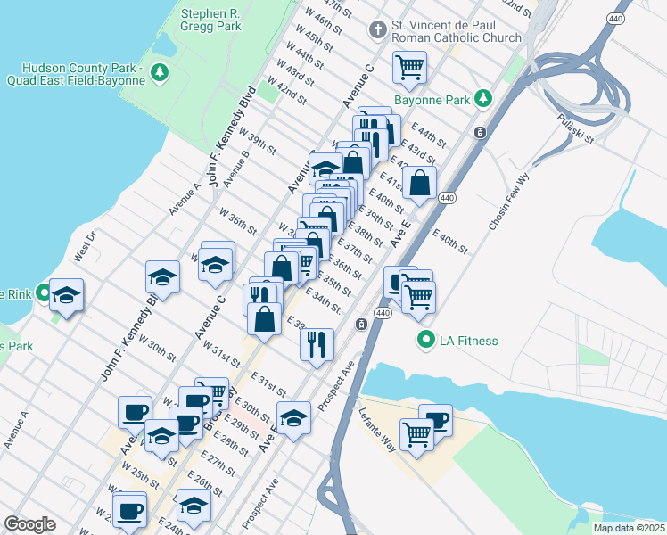 map of restaurants, bars, coffee shops, grocery stores, and more near 12 East 36th Street in Bayonne