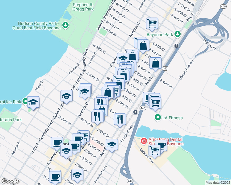 map of restaurants, bars, coffee shops, grocery stores, and more near 12 West 35th Street in Bayonne