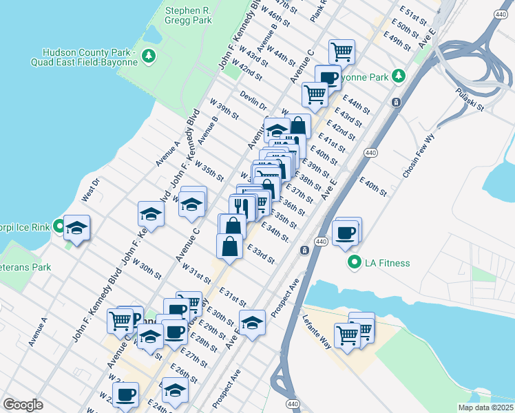 map of restaurants, bars, coffee shops, grocery stores, and more near 12 West 35th Street in Bayonne