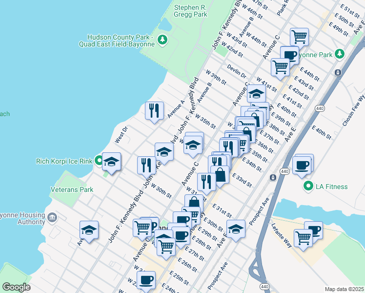 map of restaurants, bars, coffee shops, grocery stores, and more near 83-85 East 33rd Street in Bayonne
