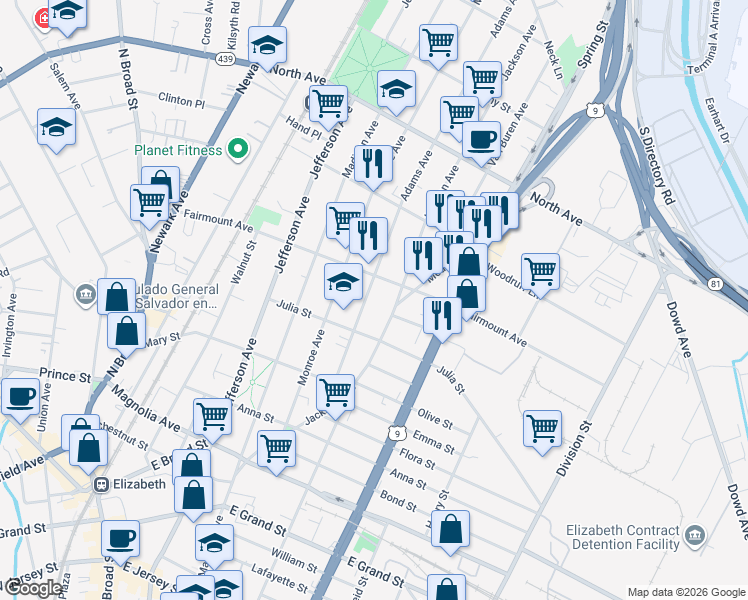 map of restaurants, bars, coffee shops, grocery stores, and more near 587 Adams Avenue in Elizabeth