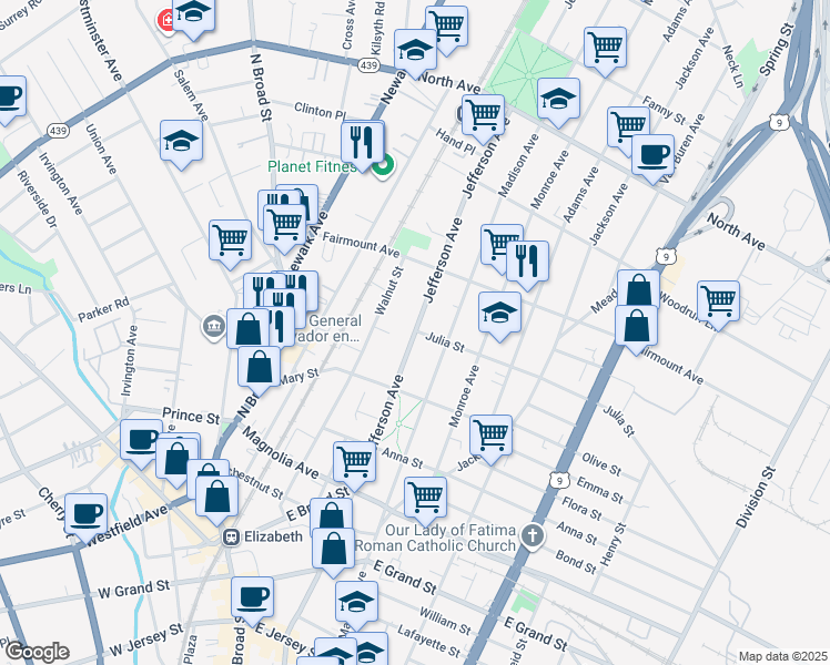 map of restaurants, bars, coffee shops, grocery stores, and more near 552 Jefferson Avenue in Elizabeth