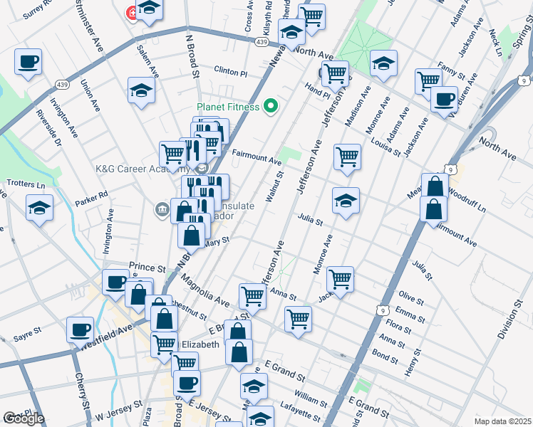 map of restaurants, bars, coffee shops, grocery stores, and more near 545 Walnut Street in Elizabeth
