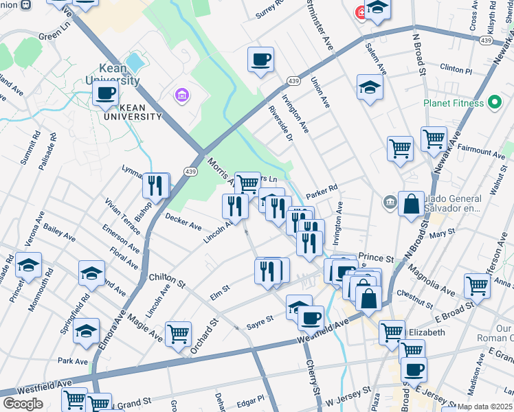 map of restaurants, bars, coffee shops, grocery stores, and more near 552-572 Morris Avenue in Elizabeth