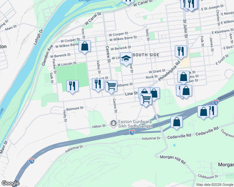 map of restaurants, bars, coffee shops, grocery stores, and more near 923 Centre Street in Easton