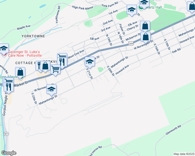 map of restaurants, bars, coffee shops, grocery stores, and more near 2057 Mahantongo Street in Pottsville