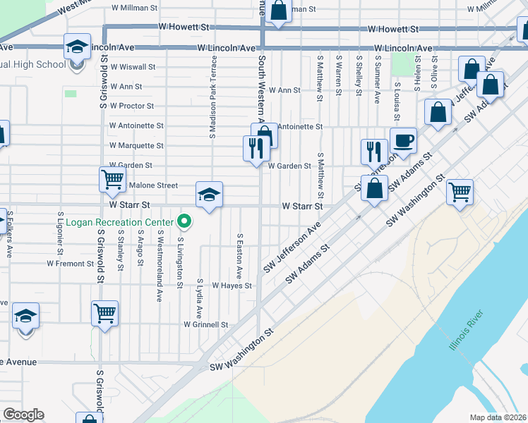 map of restaurants, bars, coffee shops, grocery stores, and more near 1301 South Western Avenue in Peoria