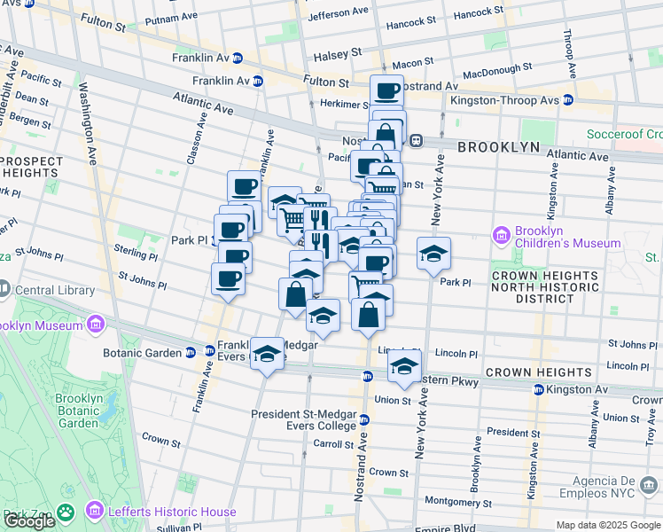 map of restaurants, bars, coffee shops, grocery stores, and more near 763 Park Place in Brooklyn