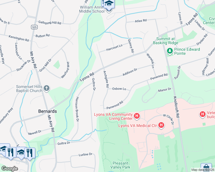 map of restaurants, bars, coffee shops, grocery stores, and more near 30 Archgate Road in Bernards