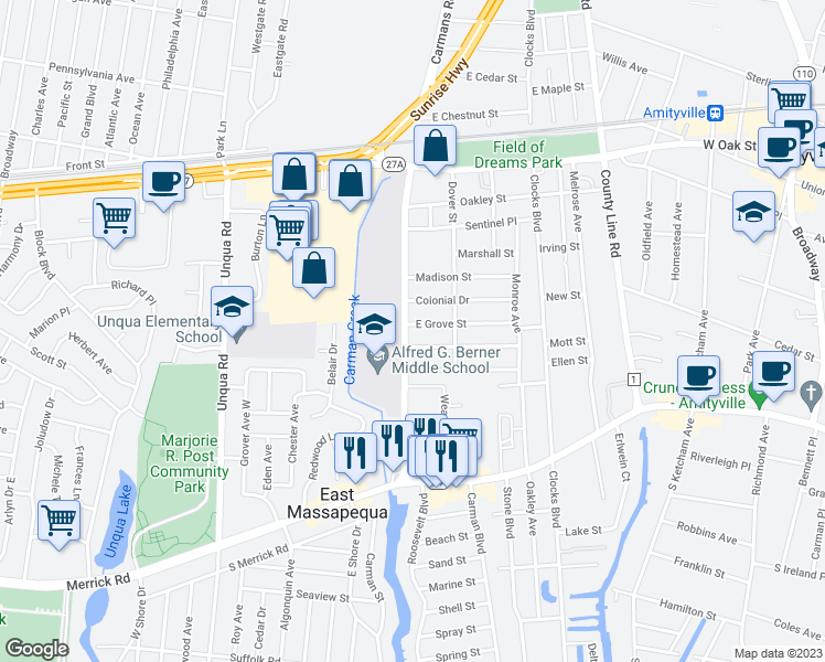 map of restaurants, bars, coffee shops, grocery stores, and more near 3 East Grove Street in Massapequa