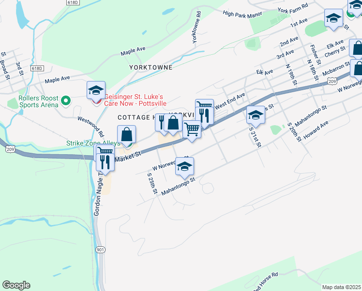map of restaurants, bars, coffee shops, grocery stores, and more near 2271 West Market Street in Pottsville