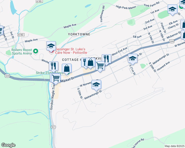 map of restaurants, bars, coffee shops, grocery stores, and more near 2279 West Market Street in Pottsville