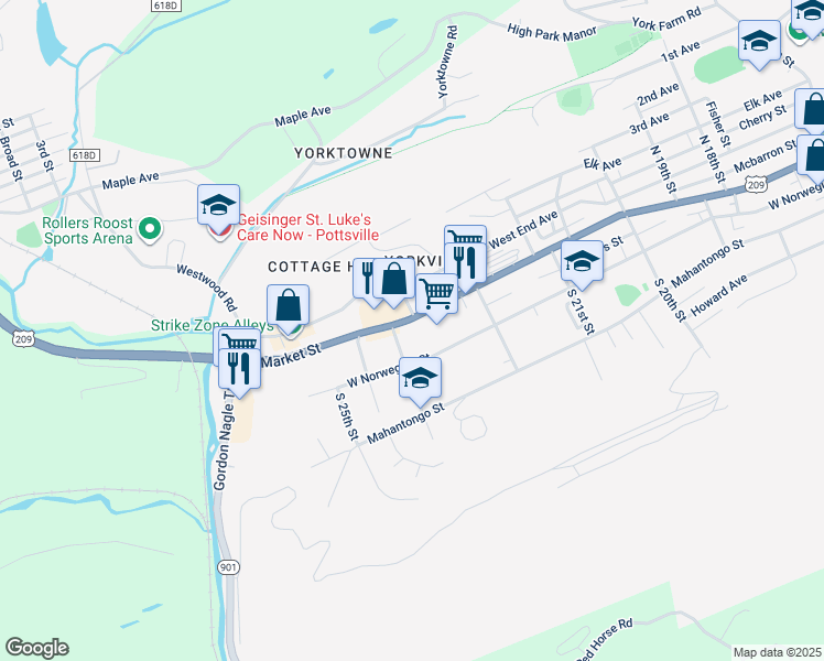 map of restaurants, bars, coffee shops, grocery stores, and more near 2271 West Market Street in Pottsville