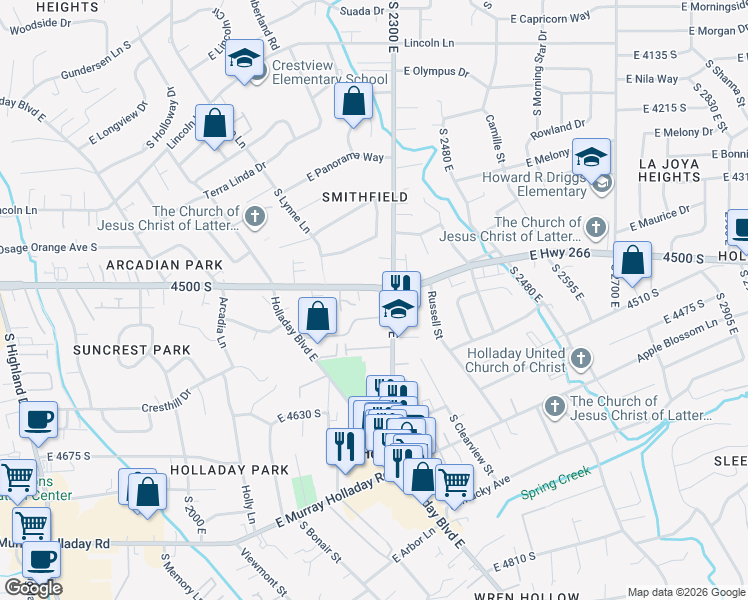 map of restaurants, bars, coffee shops, grocery stores, and more near 2270 East 4500 South in Holladay