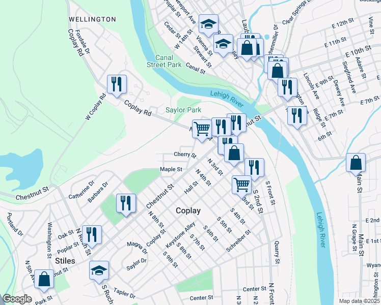 map of restaurants, bars, coffee shops, grocery stores, and more near 129 Cherry Street in Coplay