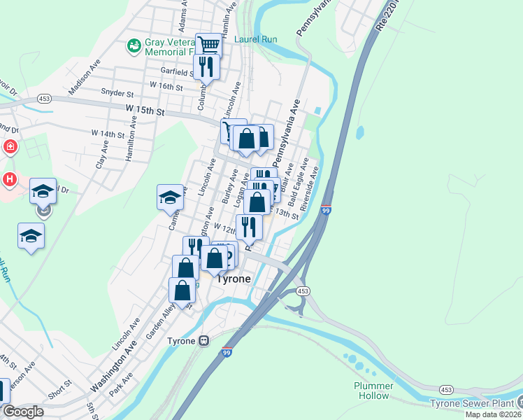 map of restaurants, bars, coffee shops, grocery stores, and more near 1277 Pennsylvania Avenue in Tyrone
