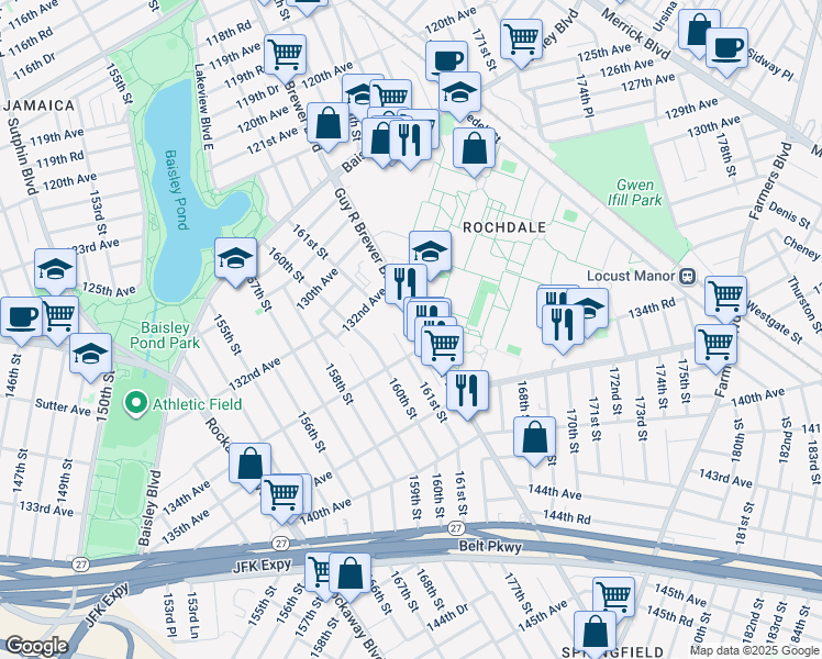 map of restaurants, bars, coffee shops, grocery stores, and more near 133-28 Guy R Brewer Boulevard in Queens