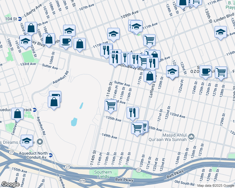 map of restaurants, bars, coffee shops, grocery stores, and more near 130-28 115th Street in Queens
