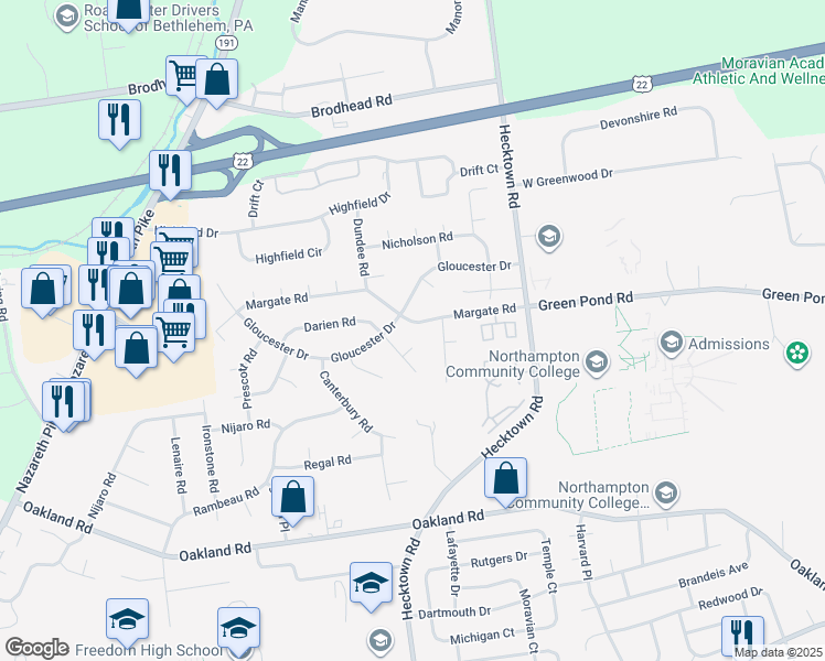 map of restaurants, bars, coffee shops, grocery stores, and more near 3532 Margate Road in Bethlehem