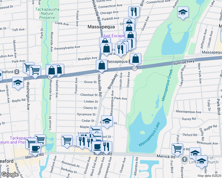 map of restaurants, bars, coffee shops, grocery stores, and more near 1 Seaview Avenue in Massapequa