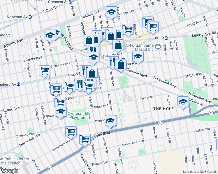 map of restaurants, bars, coffee shops, grocery stores, and more near 613 Autumn Avenue in Brooklyn