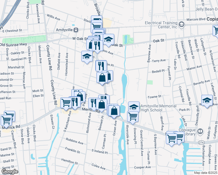 map of restaurants, bars, coffee shops, grocery stores, and more near 85 Broadway in Amityville