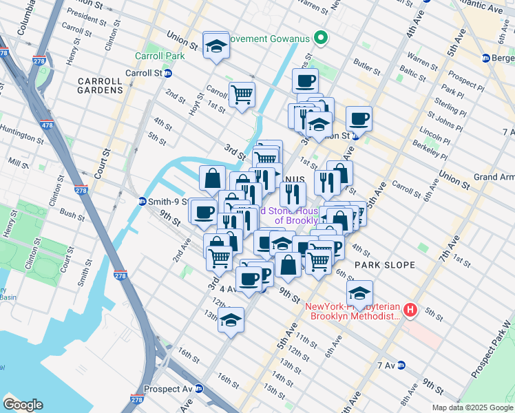 map of restaurants, bars, coffee shops, grocery stores, and more near 386 3rd Avenue in Brooklyn