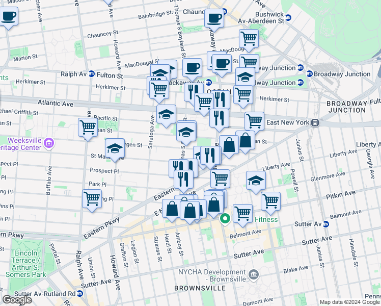 map of restaurants, bars, coffee shops, grocery stores, and more near 2028 Bergen Street in Brooklyn