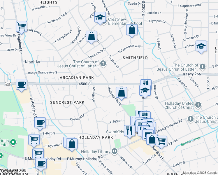 map of restaurants, bars, coffee shops, grocery stores, and more near 4509 South Holladay Boulevard in Holladay