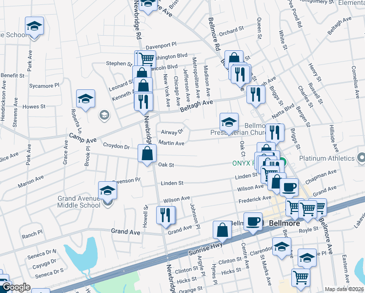 map of restaurants, bars, coffee shops, grocery stores, and more near 2500 Martin Avenue in Bellmore