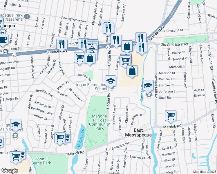 map of restaurants, bars, coffee shops, grocery stores, and more near 350 Unqua Road in Massapequa