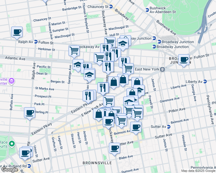 map of restaurants, bars, coffee shops, grocery stores, and more near 251 Rockaway Avenue in Brooklyn