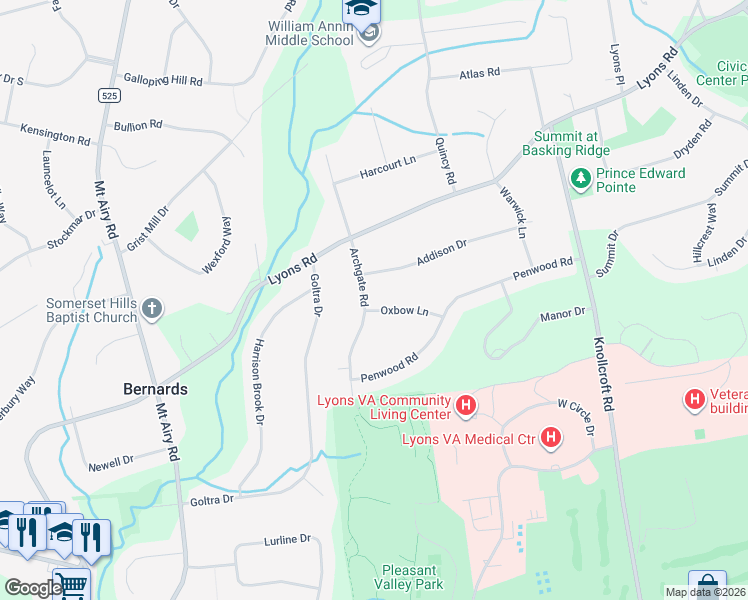 map of restaurants, bars, coffee shops, grocery stores, and more near 30 Archgate Road in Bernards