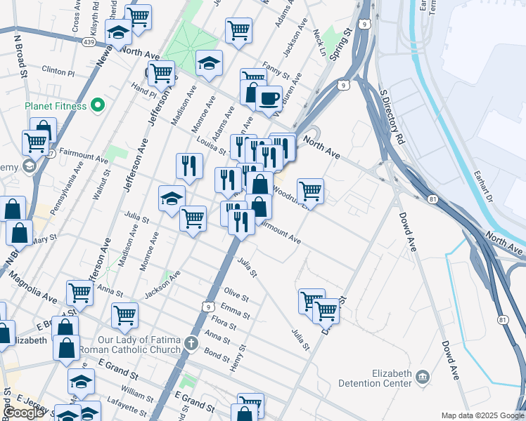 map of restaurants, bars, coffee shops, grocery stores, and more near 603 Spring Street in Elizabeth