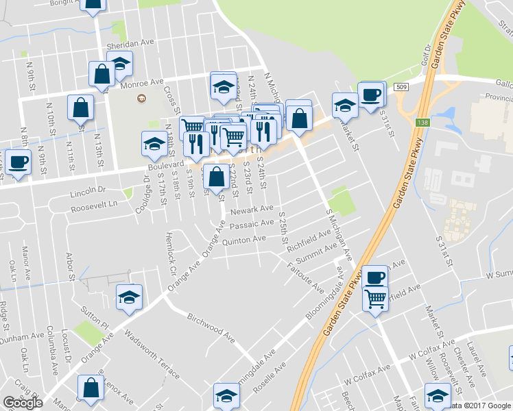 map of restaurants, bars, coffee shops, grocery stores, and more near 564 Newark Avenue in Kenilworth