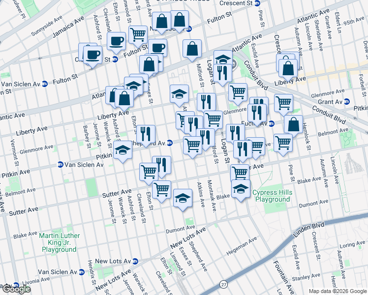 map of restaurants, bars, coffee shops, grocery stores, and more near 195 Berriman Street in Brooklyn