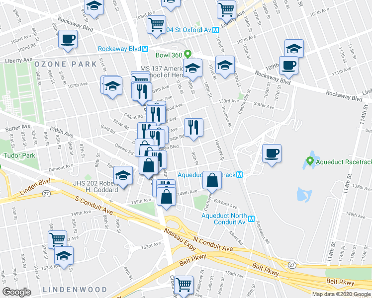 map of restaurants, bars, coffee shops, grocery stores, and more near 135-01 96th Street in Queens