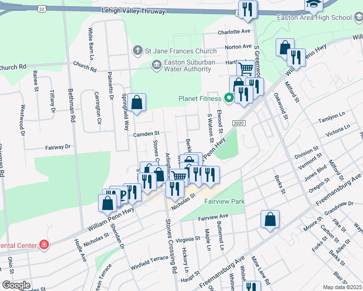 map of restaurants, bars, coffee shops, grocery stores, and more near 433 Avon Street in Easton