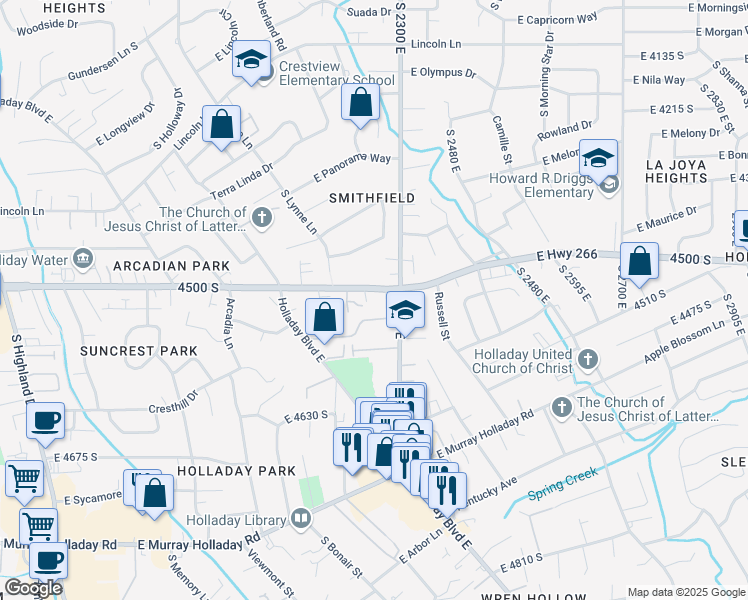 map of restaurants, bars, coffee shops, grocery stores, and more near 2270 East 4500 South in Holladay