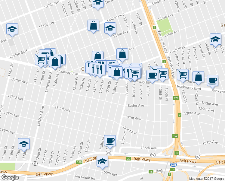 map of restaurants, bars, coffee shops, grocery stores, and more near 118-50 128th St in Queens