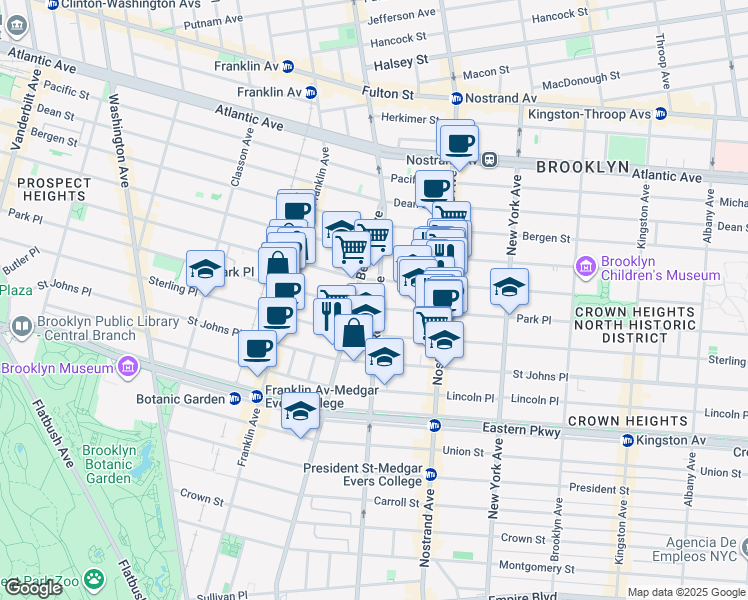 map of restaurants, bars, coffee shops, grocery stores, and more near 78 Rogers Avenue in Brooklyn